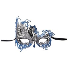 Black Swan Metal Filigree Venetian Glitter Mask artfully crafted with Rhinestone - Black Swan mask with Blue glitter